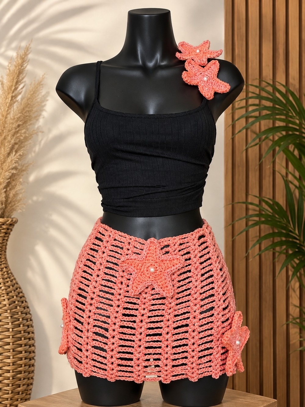 Handmade Peach/Pearl Crochet Sarong W/Starfish Hair Clips, One Size Fits All